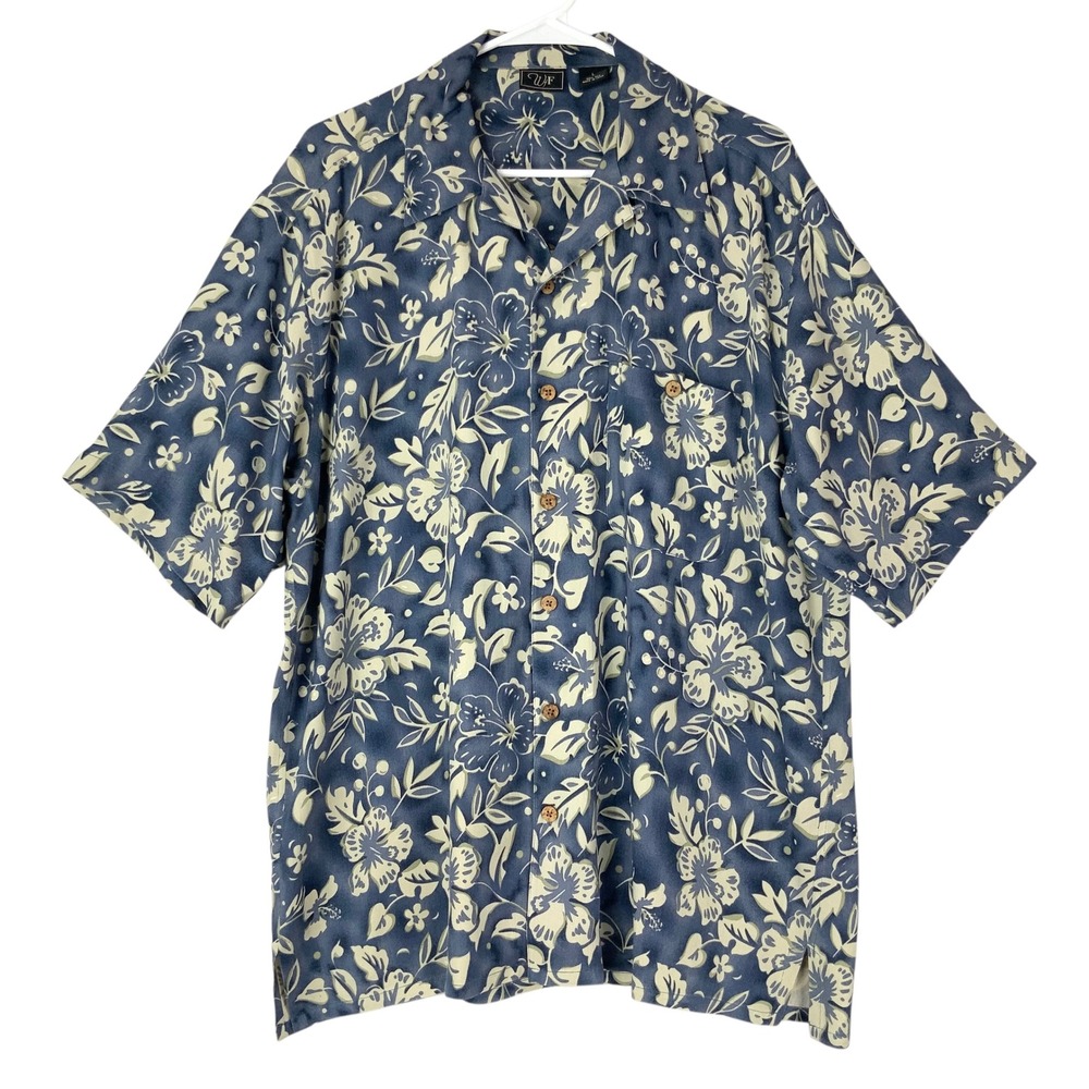 WF Blue Floral Silk Button Up Hawaiian Shirt L Collared Short Sleeve Tropical